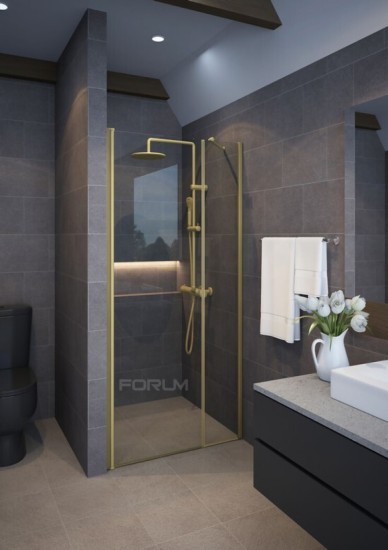 מקלחון 6 ממ חזית זהב מט גובה 185 דופן קבוע פלוס דלת החוצה 100 עד 140 