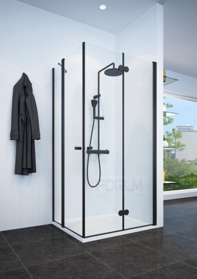 מקלחון פינתי שחור 6 ממ מחוסם גובה 185 קיר צד דופן קבועה ודלת פתיחה החוצה בלבד קיר צד 65 עד 90 דופן ודלת 70 עד 135