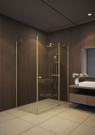 מקלחון 6 ממ מחוסם זהב מט גובה 185 פינתי קיר צד דופן קבוע ודלת פתיחה החוצה בלבד קיר צד 65 עד 90 דופן ודלת 70 עד 135 