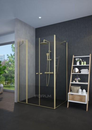 מקלחון פינתי 6 ממ מחוסם זהב מט גובה 185 2 קבוע 2 דלת 70 עד 135