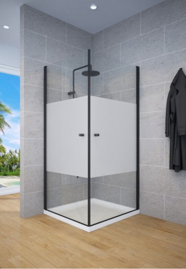 מקלחון פינתי 6 ממ שחור 2 דלתות פנימה והחוצה 80 על 80 או 90 90 גובה 185 פס חלבי