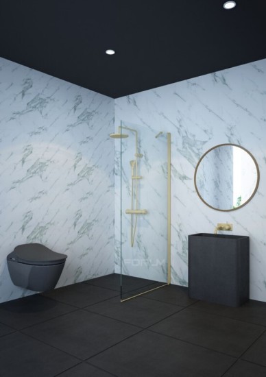 מקלחון 6 ממ מחוסם זהב מט דופן קבועה גובה 185 רוחב 70 עד 110