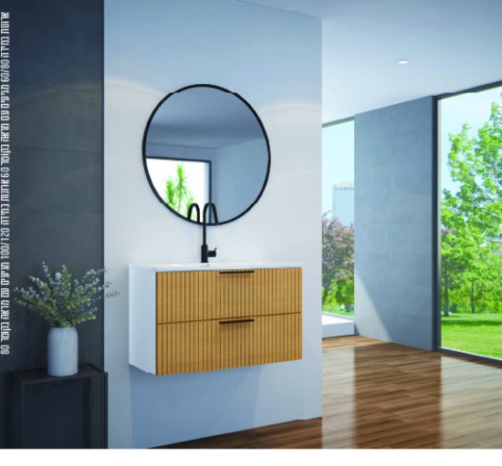 ארון אמבטיה תלוי 2 מגירות לבן עם עץ טבעי ימין או שמאל 60 או 80 או 100 ע 46 ג 50 כיור פלוס מראה פלוס ידיות טריקה שקטה 